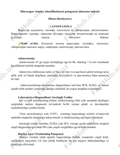 diareyagen viruslar, klassifikatsiyasi, patagenezi, laborator tashxisi — DOCX