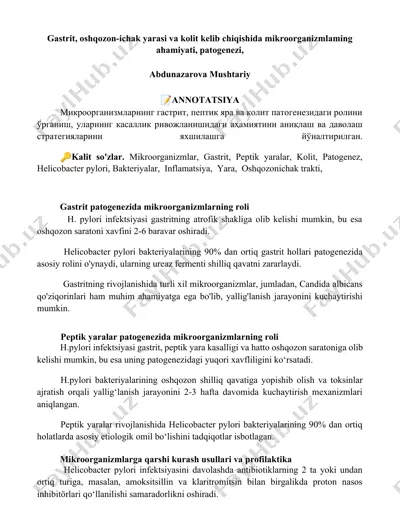 gastrit, oshqozon-ichak yarasi va kolit patogenezi va mikroorganizmlarning roli — DOCX