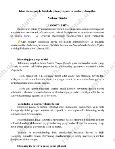 islom dinining paydo bo‘lishida ijtimoiy-siyosiy va madaniy sharoitlar — DOCX