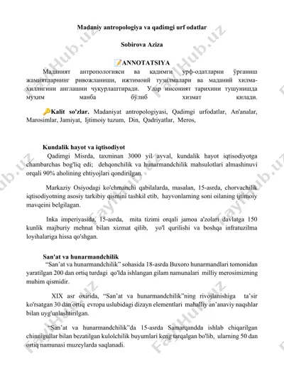 madaniy antropologiya va qadimgi urf odatlar — DOCX
