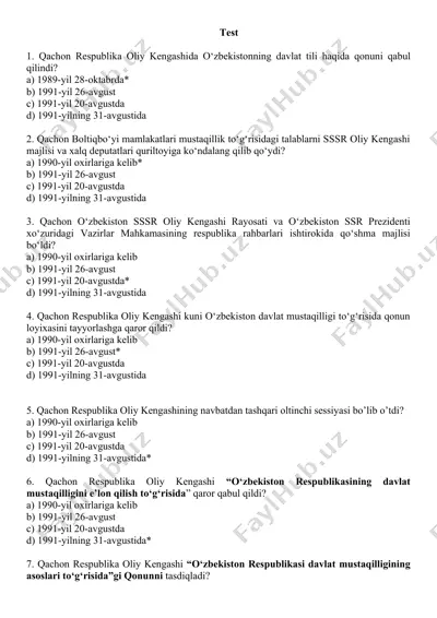 mustaqil o‘zbekiston respublikasining tashkil topishi va uning tarixiy ahamiyati. test 15 ta, javobli. — DOC