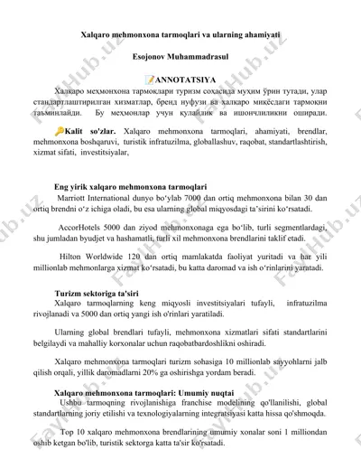 xalqaro mehmonxona tarmoqlari va ularning ahamiyati — DOCX