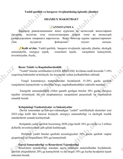 yashil qurilish va barqaror rivojlanishning iqtisodiy jihatlari — DOCX