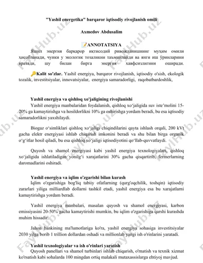 yashil energetika: barqaror iqtisodiy rivojlanish omili — DOCX