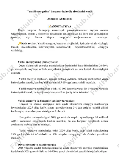 yashil energetika barqaror iqtisodiy rivojlanish omili — DOCX