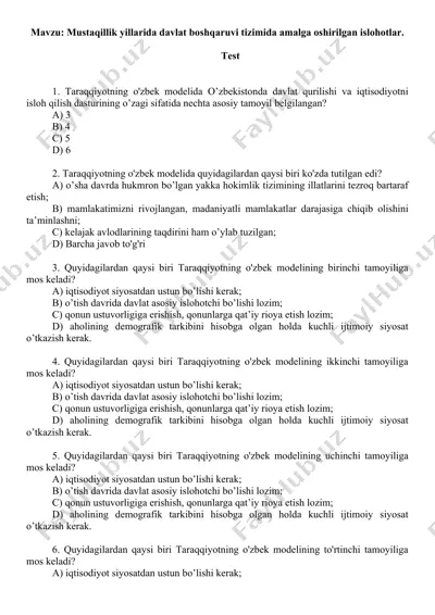 mustaqillik yillarida davlat boshqaruvi tizimida amalga oshirilgan islohotlar. test 15 ta, javobli. — DOC