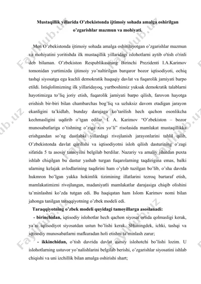 mustaqillik yillarida o’zbekistonda ijtimoiy sohada amalga oshirilgan o’zgarishlar mazmun va mohiyati. esse 2 bet. — DOC