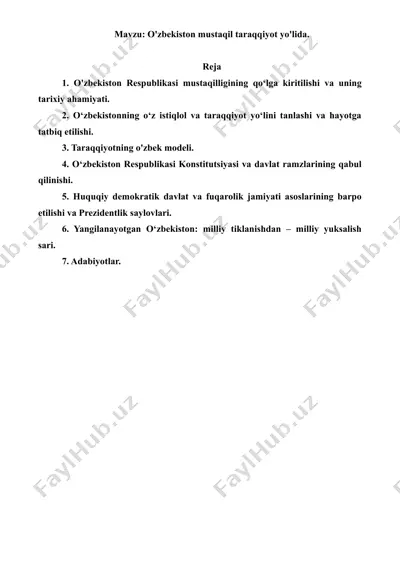 o'zbekiston mustaqil taraqqiyot yo'lida. referat 14 bet. — DOC