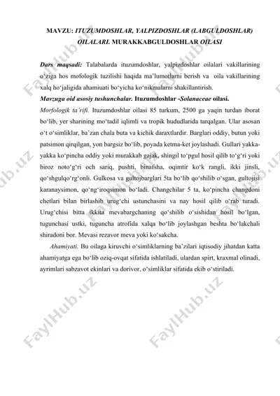 ituzumdoshlar, yalpizdoshlar (labguldoshlar) oilalari. murakkabguldoshlar oilasi — DOCX