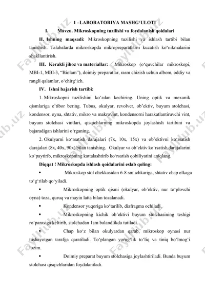 mikroskopning tuzilishi va foydalanish qoidalari bo‘yicha laboratoriya mashg‘uloti — DOCX