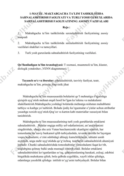 maktabgacha ta’lim tashkilotida sahnalashtirish faoliyati va turli yosh guruhlarida sahnalashtirish faoliyatining asosiy vazifalari — DOCX