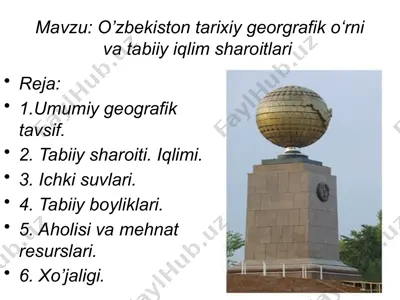 o’zbekiston tarixiy geografik oʻrni va tabiiy iqlim sharoitlari haqida taqdimot — PPTX