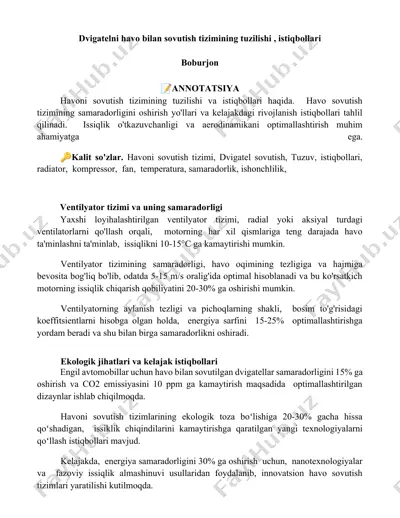 dvigatelni havo bilan sovutish tizimining tuzilishi va istiqbollari — DOCX