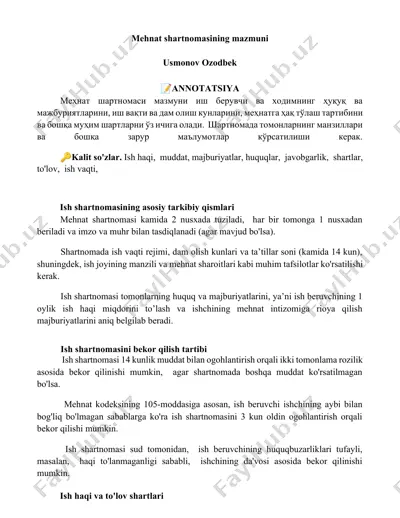 mehnat shartnomasining mazmuni — DOCX