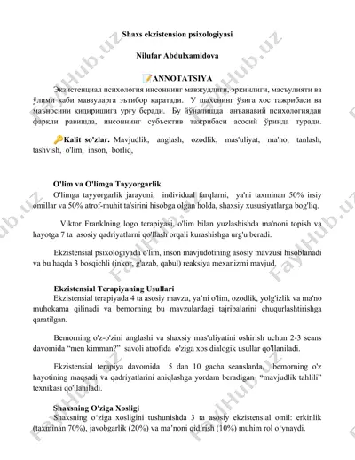 shaxs ekzistension psixologiyasi — DOCX