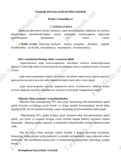 dorixona faoliyati bilan tanishish — DOCX