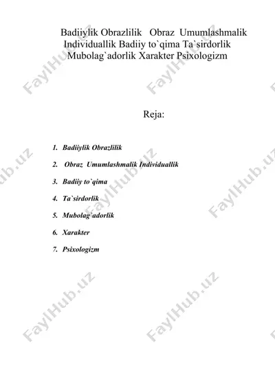 badiiylik obrazlilik obraz umumlashmalik individuallik badiiy to`qima ta`sirdorlik mubolag`adorlik xarakter psixologizm — DOC