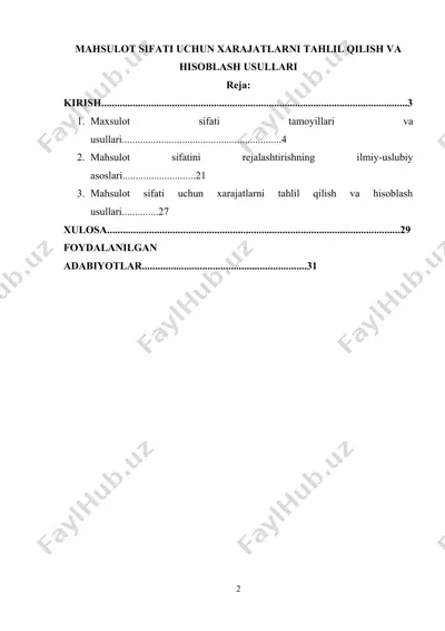 mahsulot sifati uchun xarajatlarni tahlil qilish va hisoblash usullari — DOCX