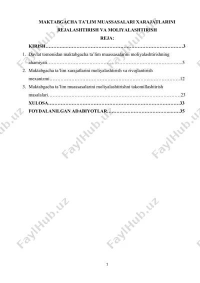 maktabgacha ta’lim muassasalari xarajatlarini rejalashtirish va moliyalashtirish — DOCX