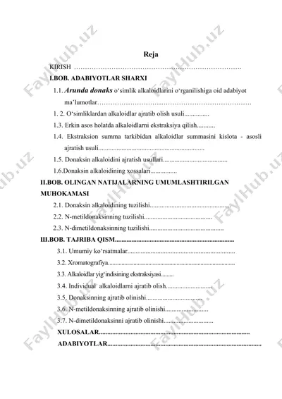 qashqadaryo viloyatida o‘sadigan arunda donaks o‘simligidan alkaloidlar ajratish va tuzilishini o‘rganish — DOC