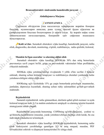 bronxoobstruktiv sindromida hamshiralik jarayoni — DOCX