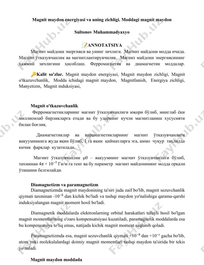 magnit maydon energiyasi va uning zichligi — DOCX