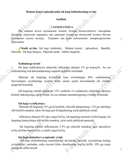 mehnat bozori iqtisodiyotida ish haqi islohotlarining taʼsiri — DOCX