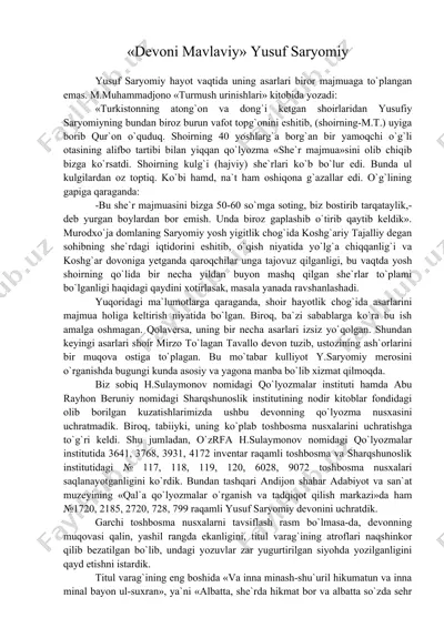 «devoni mavlaviy» yusuf saryomiy — DOC