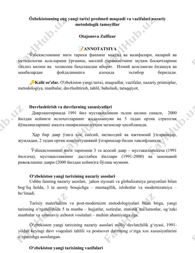 o‘zbekistonning eng yangi tarixi fanining maqsadi va vazifalari, nazariy metodologik tamoyillar — DOCX