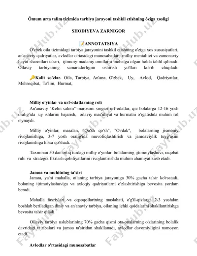 o'zbek oilasida ta'lim va tarbiya jarayonining o'ziga xosligi — DOCX