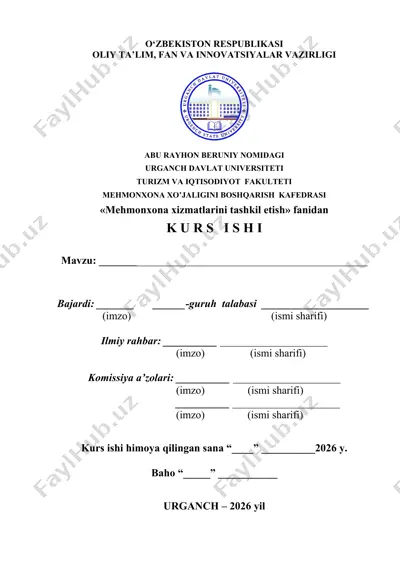 mexmonxonalarda ko’rsatiladigan xizmatlar tarkibi kurs ishi — DOCX
