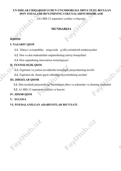 un ishlab chiqarish uchun unumdorligi 300ts teng bo‘lgan don tozalash bo‘limining uskunalarini hisoblash (a1-bis-12 separatori) — DOCX