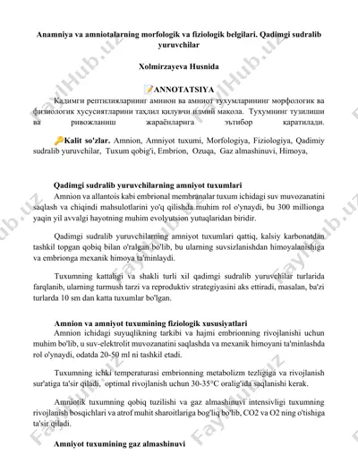 anamniya va amniotalarning morfologik va fiziologik belgilari — DOCX