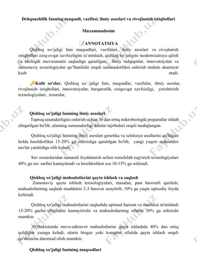 dehqonchilik fanining maqsadi, vazifasi, ilmiy asoslari va rivojlanish istiqbollari — DOCX