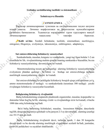 lichinka xordalilarning tuzilishi va sistematikasi — DOCX