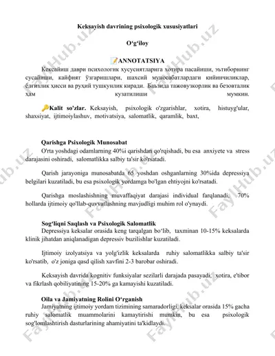 keksayish davrining psixologik xususiyatlari — DOCX
