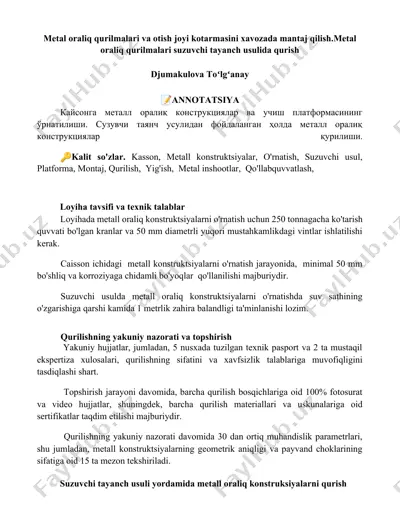 metal oraliq qurilmalari va otish joyi kotarmasini xavozada mantaj qilish — DOCX