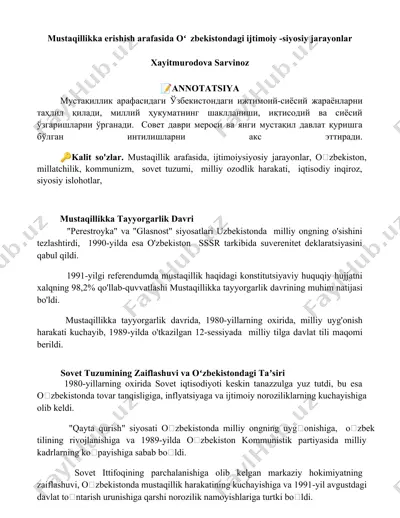 mustaqillikka erishish arafasida oʻzbekistondagi ijtimoiy-siyosiy jarayonlar — DOCX