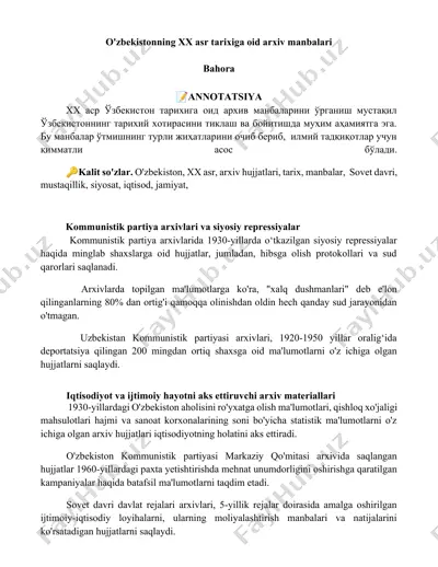 o'zbekistonning xx asr tarixiga oid arxiv manbalari — DOCX
