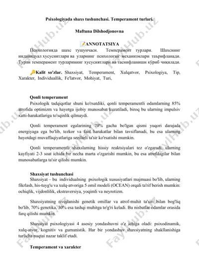 psixologiyada shaxs tushunchasi. temperament turlari. — DOCX
