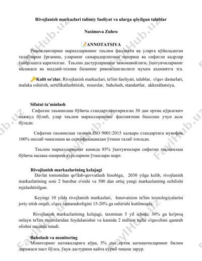 rivojlanish markazlari ta'limiy faoliyati va ularga qo‘yilgan talablar — DOCX