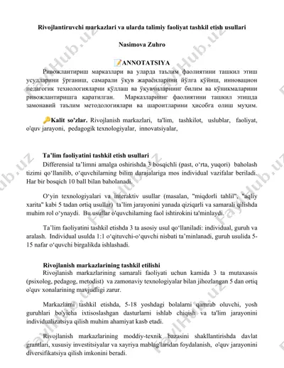 rivojlantiruvchi markazlari va ularda ta'limiy faoliyat tashkil etish usullari — DOCX