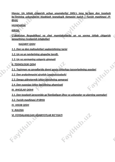 un va yorma ishlab chiqarish uchun don tozalash bo‘limining uskunalari (yuvish mashinasi j9-bma) — DOCX