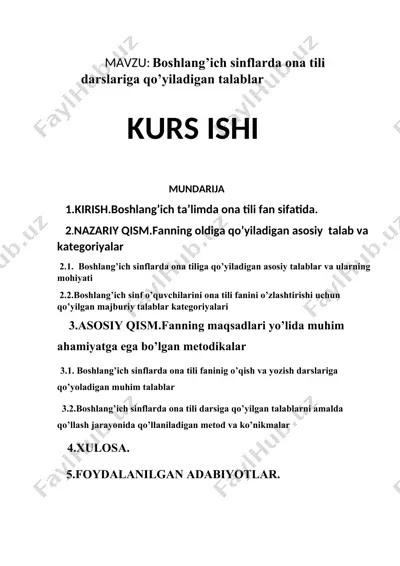boshlang’ich sinflarda ona tili darslariga qo’yiladigan talablar — DOCX