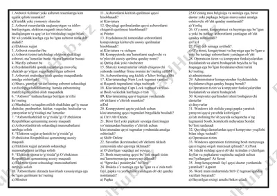 axborot texnologiyalari va kompyuter savodxonligi bo‘yicha test va savollar to‘plami — DOCX