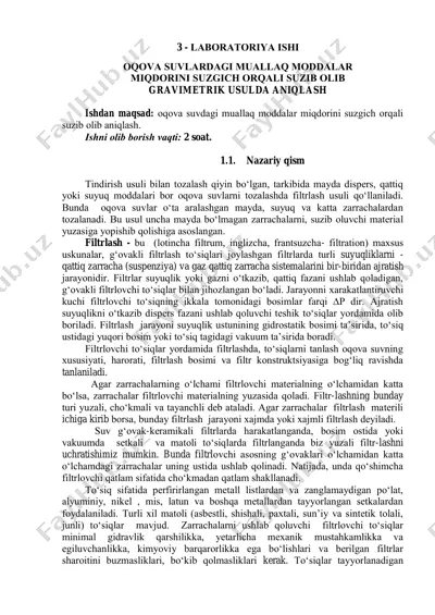 laboratoriya ishi: oqova suvlardagi muallaq moddalar miqdorini suzgich orqali suzib olish gravimetrik usulda aniqlash — PDF