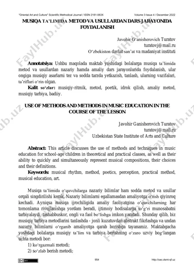 musiqa ta’limida metod va usullardan dars jarayonida foydalanish — PDF