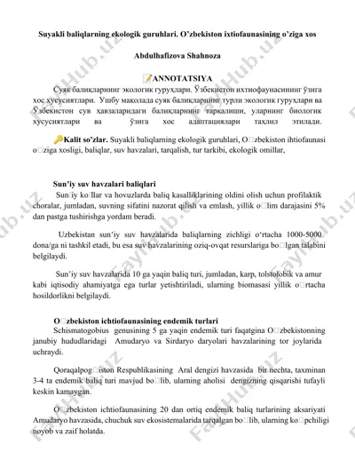 suyakli baliqlarning ekologik guruhlari va o‘zbekiston ixtiofaunasi — DOCX