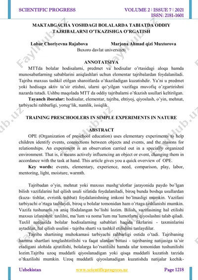 maktabgacha yoshdagi bolalarda tabiatda oddiy tajribalarni o‘tkazishga o‘rgatish — PDF