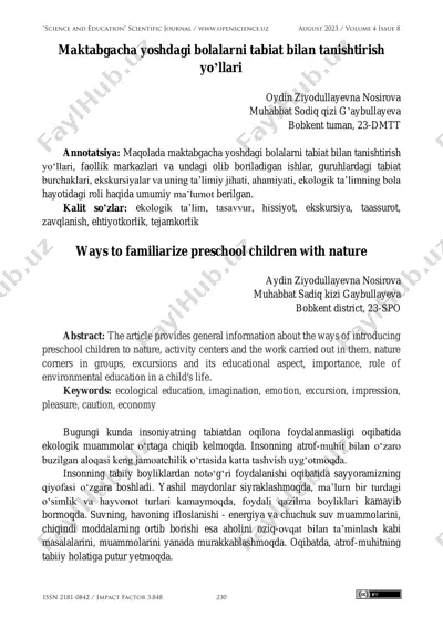 maktabgacha yoshdagi bolalarni tabiat bilan tanishtirish yo‘llari — PDF